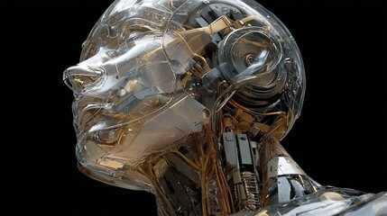 Futuristic transparent robot head reveals intricate mechanical brain and advanced AI circuits