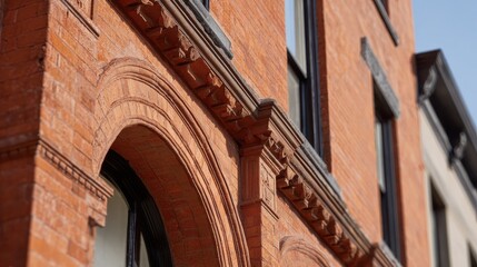 Close-Up Of Historic Red Brick Building Facade With Arched Windows. Architectural Detail And Craftsmanship