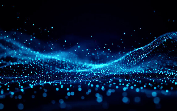 Abstract Blue Digital Particles and Wavy Lines in Futuristic Design - Powered by Adobe