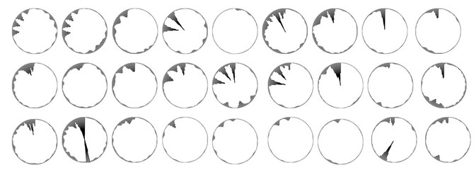 Circular audio waveform elements with abstract round sound spectrum shapes in black color, isolated on white background, minimal audio visualization set for music projects and digital media