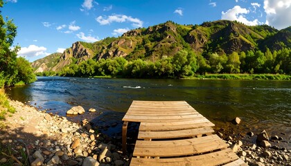 Riverbank wooden platform at foot of mountains