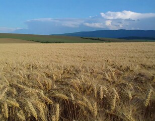 Golden wheat field stretches to distant hills under a partly cloudy sky