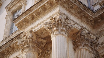 Fototapeta premium Ornate Corinthian Columns On Historic Building Facade. Architectural Elegance And Classical Design