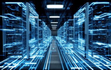 Modern data center with illuminated server racks and blue light trails
