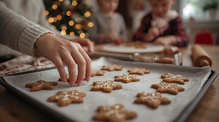 Close up of hand placing decorated gingerbread cookies on baking tray, children making Christmas treats in background, festive family holiday activity with warm cozy atmosphere