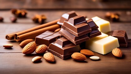 Still Life Arrangement Of Dark Chocolate Squares White Chocolate Chunks Almonds And Cinnamon Sticks On A Wooden Surface With A Blurred Background