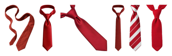 Red necktie set including knotted, unknotted, textured, and striped designs isolated. Formal wear accessory collection.