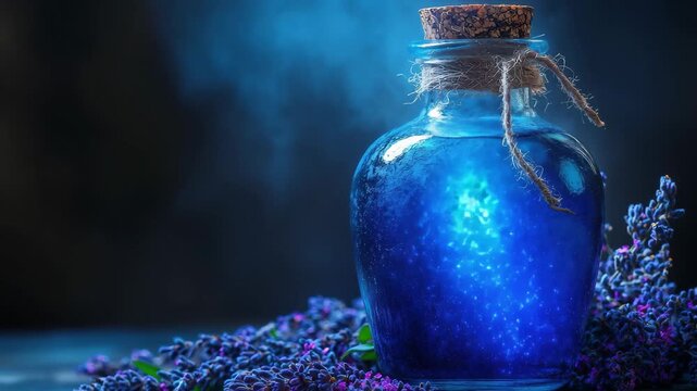 Glass bottle filled with blue substance surrounded by lavender flowers in a moody setting