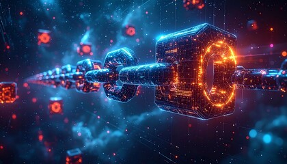 Futuristic Blockchain Network: Glowing Digital Chain in Cyberspace with Data Cubes