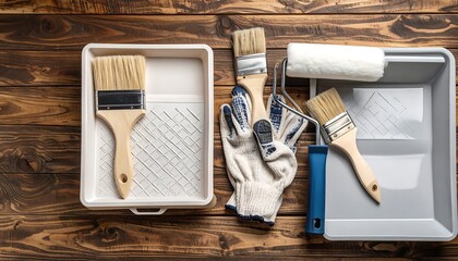 Painting Supplies: Brushes, Rollers, and Trays on Wooden Background