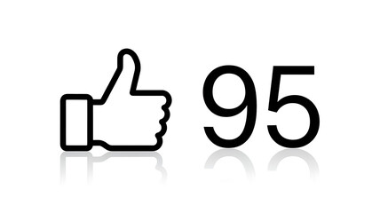 The text describes a black icon with a 'thumbs up' hand gesture, positioned to the left of the number reflective shadow underneath, and a solid white background.