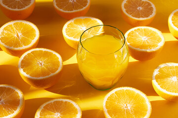 Orange fruit and glass orange juice on a orange back