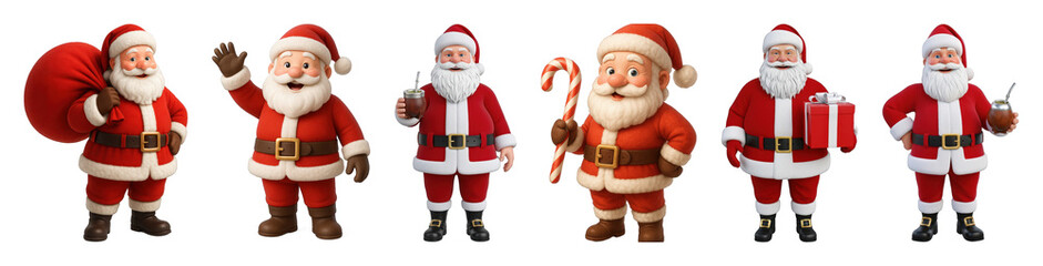Fototapeta premium Santa Claus set including with gift sack, waving, holding mate gourd, candy cane, and gift box isolated. Festive Christmas holiday collection.