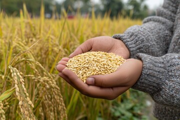 Woman holding a handful of golden rice grains in a paddy field. Concept of harvest, agriculture, and abundant food crop for Thanksgiving.