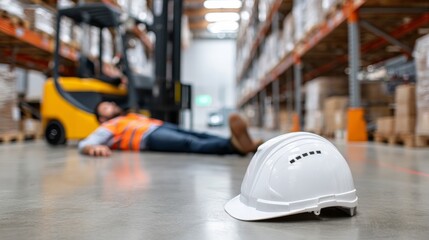 Man warehouse worker lying unconscious on floor after accident. Industrial safety or occupational injury concept. Workplace accident scene with hard hat.