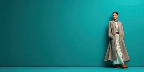 Elegant Fashion Model Posing Against a Vibrant Teal Background in Contemporary Style