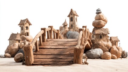 Whimsical clay village with arched bridge