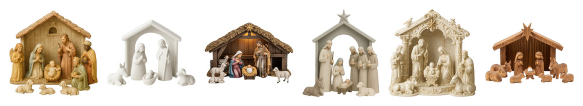 Nativity scene set including traditional, minimalist, carved, and painted compositions isolated. Christmas decoration and holiday collection.