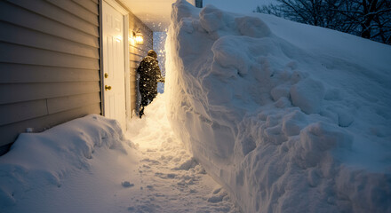 Person clearing pathway through deep snow at night in winter  