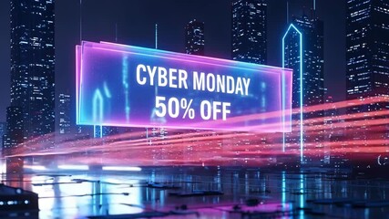 Cyber monday 50 off sale in a futuristic city with neon lights and skyscrapers - Powered by Adobe