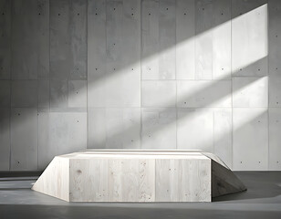 Modern geometric podium bathed in dramatic sunlight against a textured concrete wall