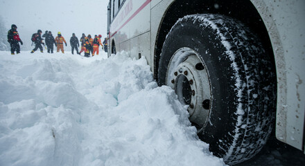 Bus tire trapped in snow with hikers walking in winter landscape  