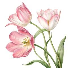 Naklejka premium Delicate pink tulips with green stems and leaves on a white background