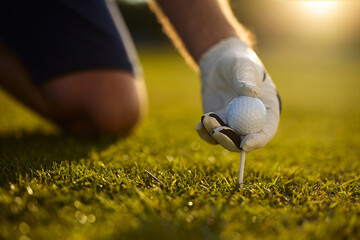 Close up of golfer placing golf ball on tee.