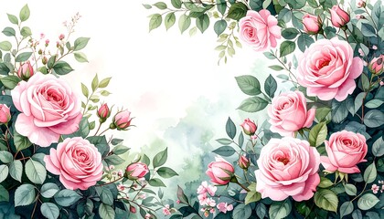 Romantic floral border with pink roses and greenery