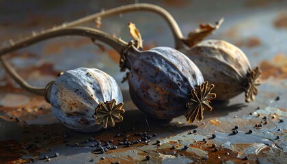 Dried poppy heads on rustic surface detailed close-up