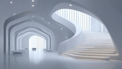 Modern white interior design with curved staircase