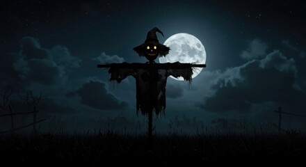 Fototapeta premium Creepy scarecrow silhouette under glowing moonlight.