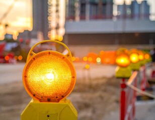 Construction site safety light at sunset