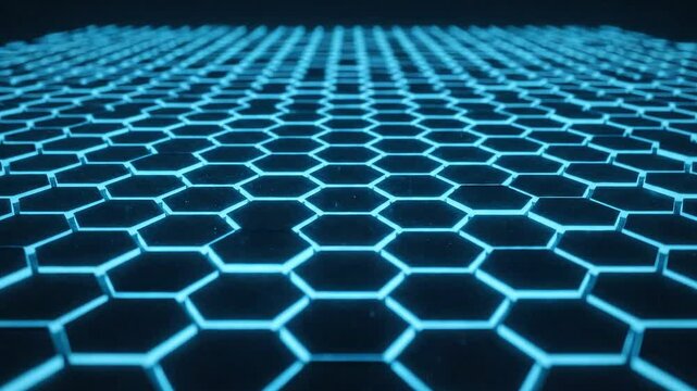 Dynamic Glide Over a Futuristic Digital Landscape of Glowing Blue Hexagons