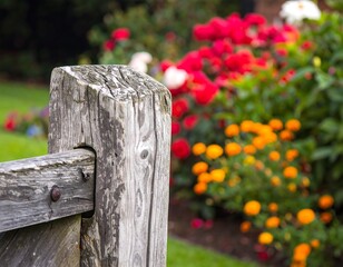 Fototapeta premium Rustic wooden fence post in a garden