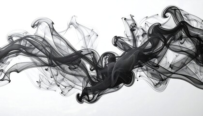 Abstract illustration showcasing delicate, flowing, dark grey and black smoke against a clean white backdrop. Creates a visual of movement
