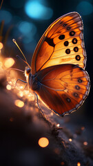 Glowing orange butterfly resting on branch with magical lights