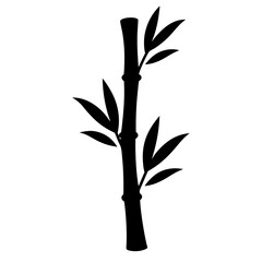 Elegant Black Bamboo Stem with Leaves Silhouette against White Background