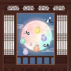 Korean New Year's illustration with traditional lucky bags, magpies and moon