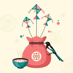 Korean New Year's illustration with traditional lucky bags, magpies and moon