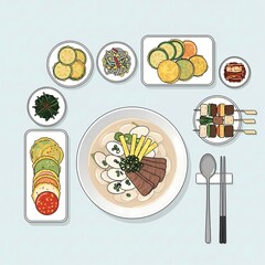 Korean New Year's illustration with traditional lucky bags, magpies and moon