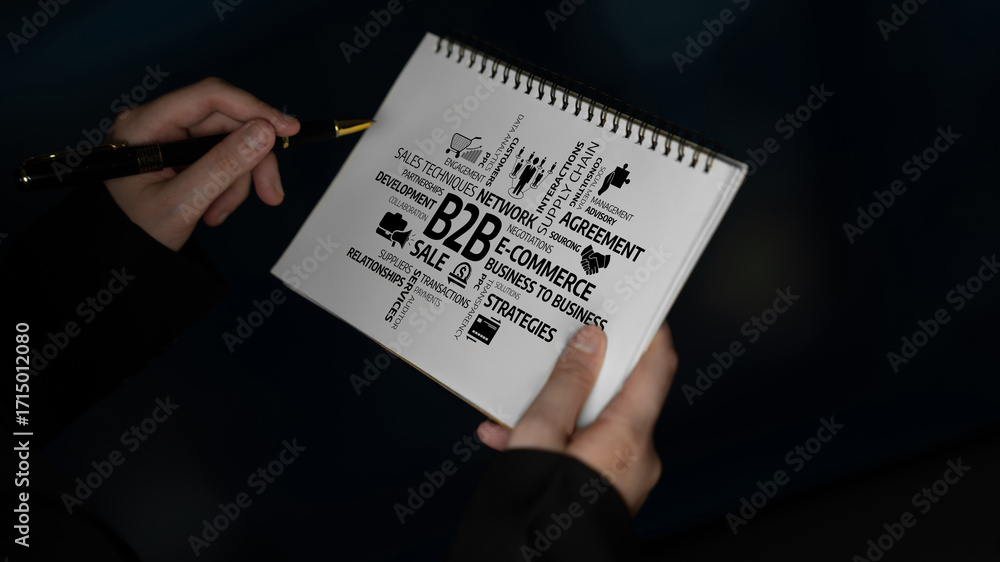 Poster a close-up view of hands holding a sketchbook featuring various b2b e-commerce strategies and concep