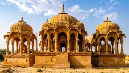 A group of ornate, golden-beige stone structures, featuring intricate carvings and domes, stand against a vibrant blue sky, evoking a sense of ancient Indian architecture.
