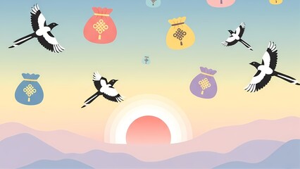 Korean New Year's illustration with traditional lucky bags, magpies and moon