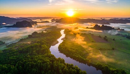 A serene landscape of rolling hills, lush forests, and a winding river bathed in the warm glow of sunrise, with mist hanging over the valley.