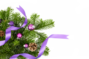 christmas decoration corner with ribbon band and fir tree isolated on white or transparent png