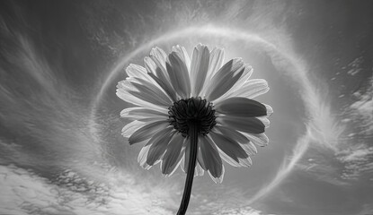 Black and white flower, sky, sun halo