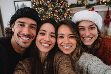 lively group of friends enjoying christmas party at home taking funny selfies in front of ultrabright christmas