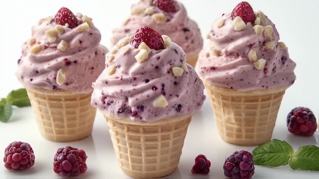 A Dynamic Close-Up Showcase of Swirled Raspberry Ice Cream Cones with Nuts and Fresh Berries