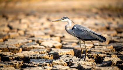 Grey heron wading in cracked mud